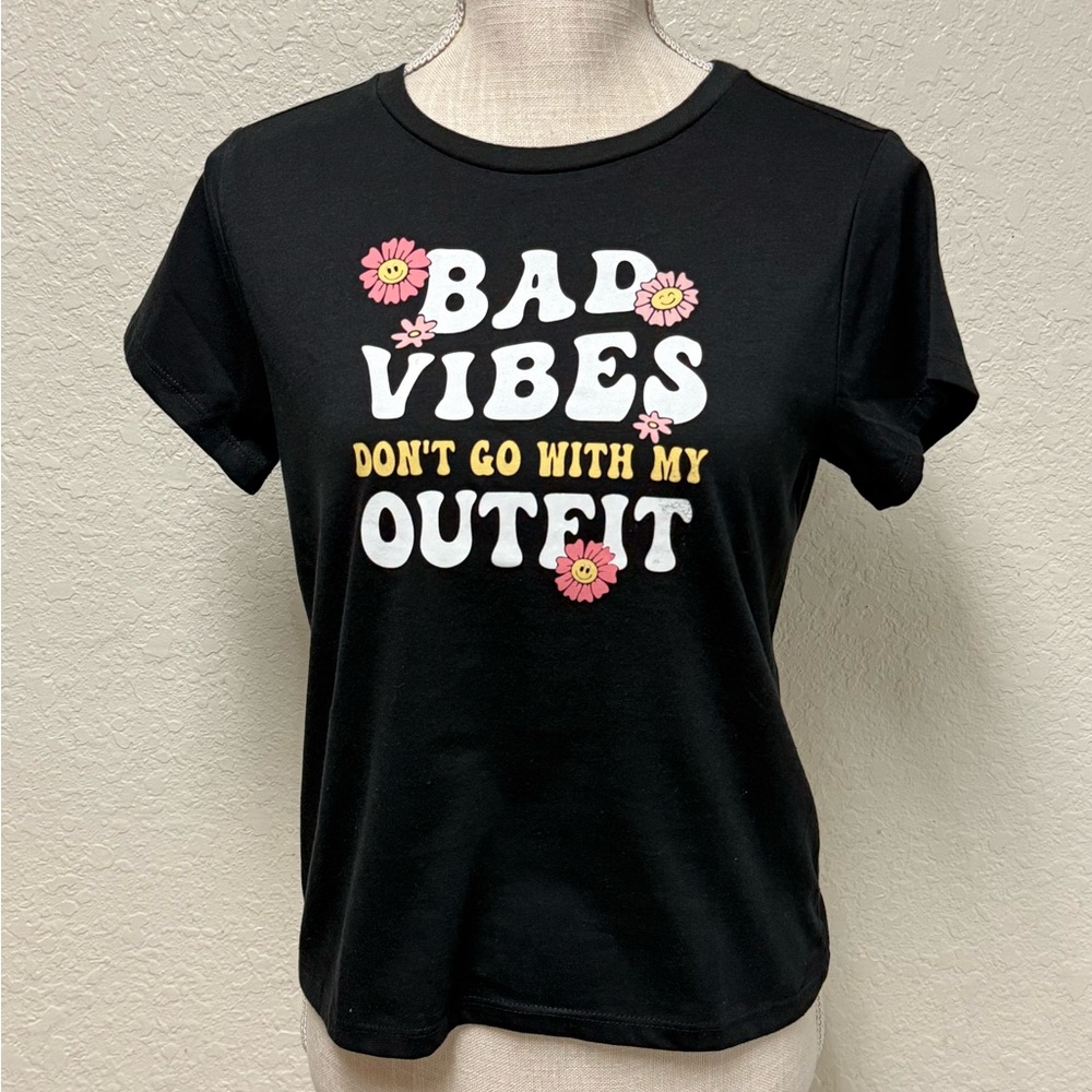 “Bad Vibes Don't Go With My Outfit” Black Graphic Tee with Floral Print